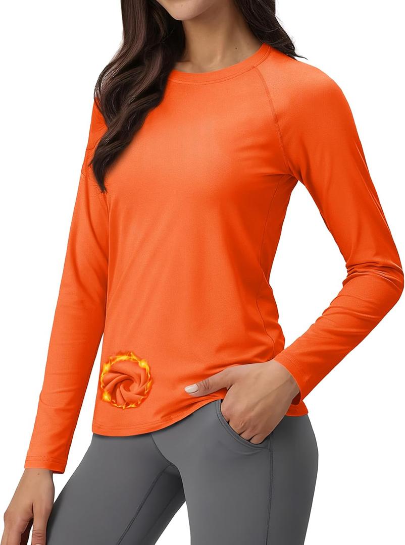 Cavva Thermal Shirts for Women Long Sleeve Lightweight Tops Base Layer Soft Fleece Crew Neck Underwear Cold Weather (Small, Orange)
