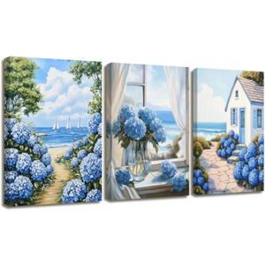 XLMDYYSW Hydrangea Wall Art Set of 3 Rustic Floral Canvas Print Blue Beach Seascape Painting Prints Coastal Artwork for Bathroom Living Room Bedroom Framed (Blue, 12.00" x 16.00" x 3PCS)