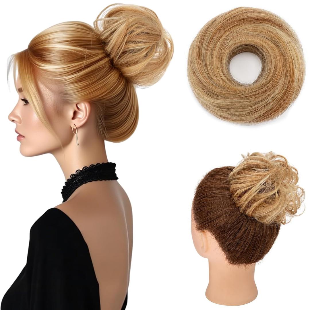 Hairro Messy Hair Bun Hair Piece For Women Human Hair Scrunchies Real Hair Updo Hairpieces Wrap On Instant Up-do with Elastic Rubber Band 1PC 23g #12P613 Golden Brown Mix Bleach Blonde (8 Inch)