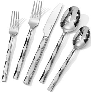 KINGSTONE Silverware Set, Luxury 20 Piece Flatware Set for 4, 18/10 Stainless Steel Cutlery Set with Diamond Cut Pattern for Kitchen, Home, Wedding, Party, Mirror Polished and Dishwasher Safe