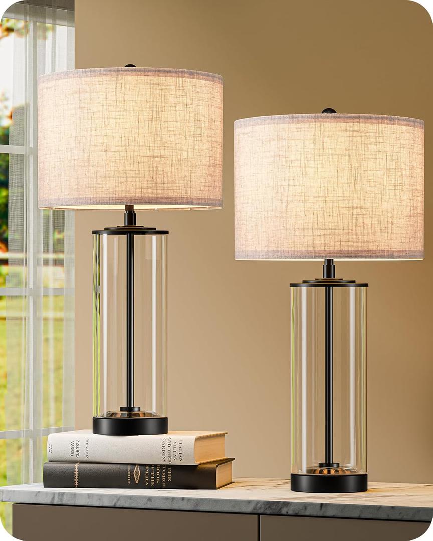 EDISHINE 23.6" Glass Table Lamp Set of 2, DIY Refillable Bedside Lamp with Linen Lampshade & Rotary Switch, E26 Base, Nightstand Light for Living Room, Bedroom, Office