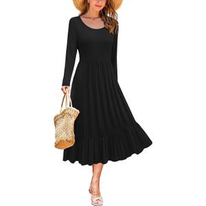 STYLEWORD Women's 2025 Fall Wedding Guest Dresses Long Sleeve Crew Neck Tiered Flowy A Line Casual Midi Dress Pockets (Black, XL)