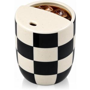 Ceramic Mug with Sip Hole 10 oz Novelty Checkered Coffee Mug Hand Painted Ceramic Cup Heat Resistant Non Slip Built in One Lid Handcraft Mugs for Coffee Lovers