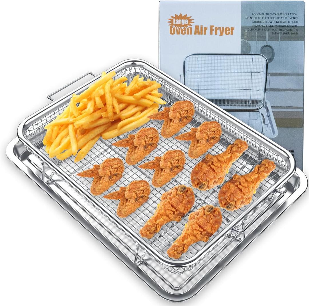 Air Fryer Basket for Oven, Extra Large 15.6" x 11.6" (Silver), Oven Air Fryer Basket and Tray Set, Stainless Steel Air Fryer Pan and Crisper Tray for Cooking, Baking, Dishwasher, and Broiling (Sliver)