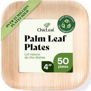 Chic Leaf Compostable & Biodegradable Palm Leaf Disposable Bamboo Plates 4" - Disposable Party Plates for Appetizers - Party Supplies (4'' - 50 Pack)