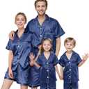 IFFEI Matching Family Silk Pajamas Set Satin Button Down Loungewear 2 Piece Top and Shorts Pjs for Couples with Pocket (10-11 Years, Navy)