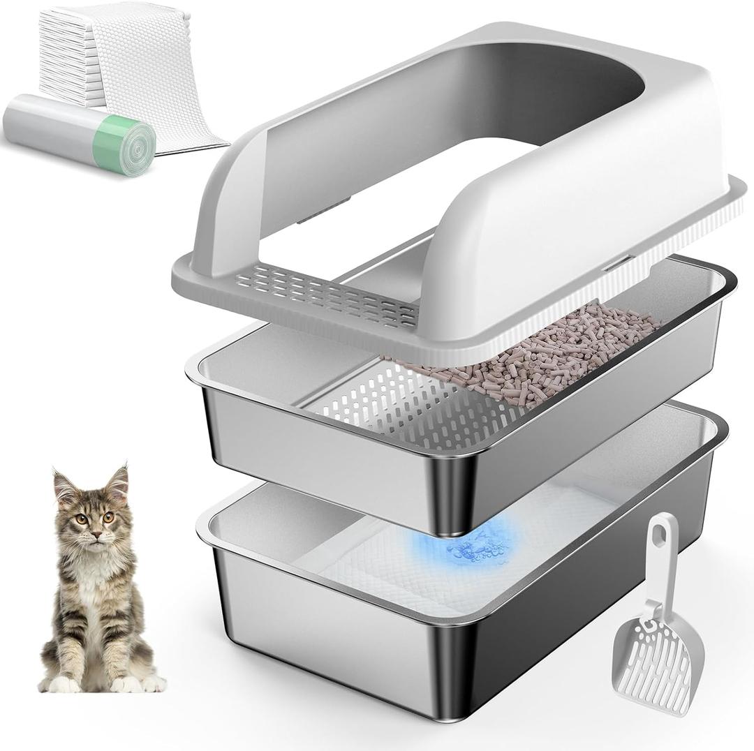 19.6''x13.7''x12'' Stainless Steel Litter Box with Lid, Sifting Cat Litter Box for Pine Pellets, High Sides Metal Litter Pan for High Peeing Cats, Anti-Leakage, Easy Cleaning, Less Tracking (Medium)
