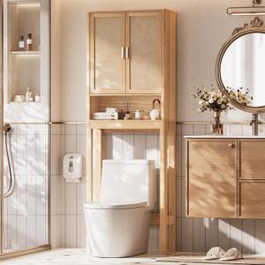 Over the Toilet Storage Cabinet, Bathroom Storage Cabinet with Rattan Doors, Bathroom Cabinet Over Toilet with Adjustable Shelf, Tall Freestanding Over Toilet Bathroom Organizer, Boho Natural Style, 9 Inches X 23 Inches X 68 Inches