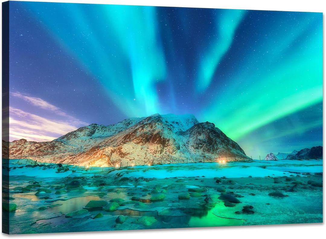YIOZHAOFH Office Nature Landscape Wall Art Framed Northern Lights Picture Wall Decor Alaska 16X24 Canvas Print Posters Scenery Framed Artwork