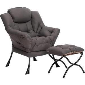 HollyHOME Lazy Chair with Foldable Ottoman, Accent Comfy Lounge Armchair and Folding Footrest Stool, Leisure Sofa Reading Chair and Footstool for Living Room, Bedroom, Dorm,Dark Grey