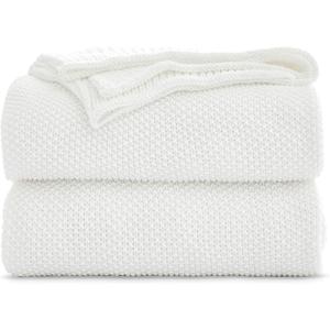 Longhui bedding 100% Cotton Ivory White Lightweight Cable Knit Throw Blanket for Couch Sofa Bed Home Dcor 50 x 60, Bonus Laundering Bag, Machine Washable