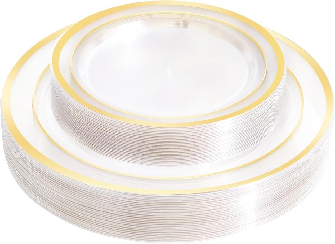 60 PCS Clear Gold Plastic Plates, Disposable Party Plates Include 30 Dinner Plate and 30 Dessert Plate Perfect for Holiday, Birthday, Wedding & Party