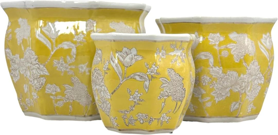 Galt International Yellow & White Round Fluted Floral Porcelain Ceramic Plant Flower Planter Pot Set of 3 (7.5", 10", 13") Garden Pots Chinese Asian Design