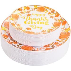 DaYammi 60PCS Orange Thanksgiving Plastic Plates White Gold Plate With Pumpkin and Leaves Design Gold Disposable Plates Include: 30 Dinner Plates 10.25" 30 Dessert Plates 7.5" for Thanksgiving Party