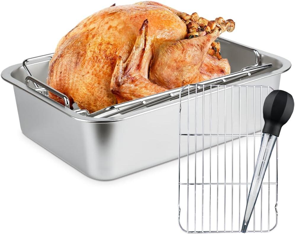 Turkey Roaster Roasting V Rack,15.6*11.6*4 inch Stainless Steel Roasting Pan with 2 Rack(Flat Rack and Rib Rack) for Smoker Smoking/Dual Purpose for Large Big Green Egg and Kamado Joe Etc