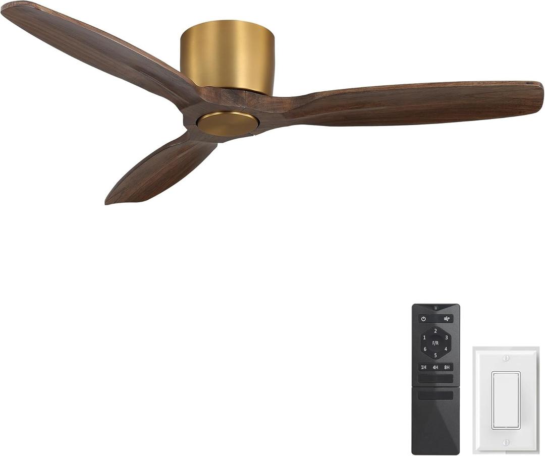 WINGBO 48" Flush Mount Ceiling Fan No Light - 3 Carved Solid Wood Blades, 6-Speed Reversible DC Motor, Dimmable, 3CCT, Low Profile Ceiling Fans without Lights for Bedroom Living Room, Gold and Walnut
