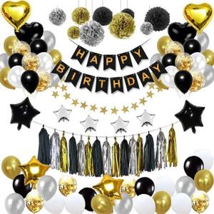Black and Gold Birthday Party Decorations Kit for Men Boy, Cheers Beer Confetti Black Gold Balloon Happy Birthday Banner Fringe Curtains Swirl Circle Dots Tassels Pom Graduation (Black & Gold)