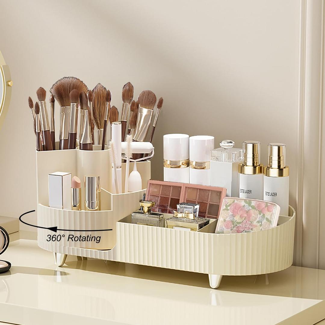 Makeup Organizer Countertop Rotating Makeup Organizer for Vanity Large Capacity Cosmetic Display Case with Makeup Brush Holder Cosmetic Organizer CountertopCream (1 Tier)