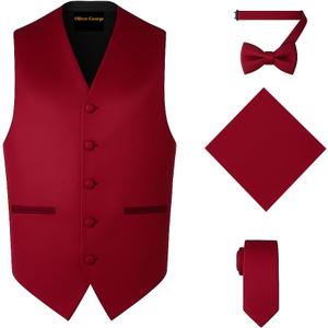 Oliver George 4pc Men's Solid Formal Suit Waistcoat Tuxedo Dress Vest Necktie Bowtie Handkerchief Set for Suit or Tuxedo, M