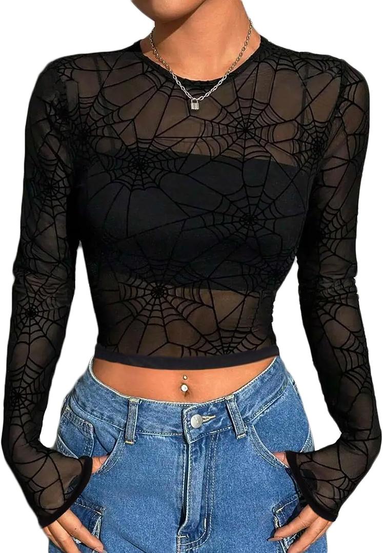BemorRun Mesh Top Women See Through Tops (Floral Crop Top Long Sleeve Mesh Shirt Going Out Outfits), XXL