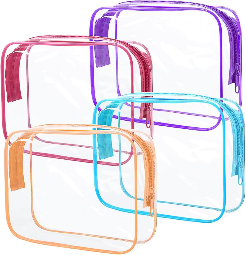 4Pack Clear Makeup Bags Waterproof Organizer Bags with Zipper Transparent Travel Cosmetic Bag TSA Approved Toiletry Bag Pouch Case for Vacation Airport Airline Compliant (Multicolour, Medium)