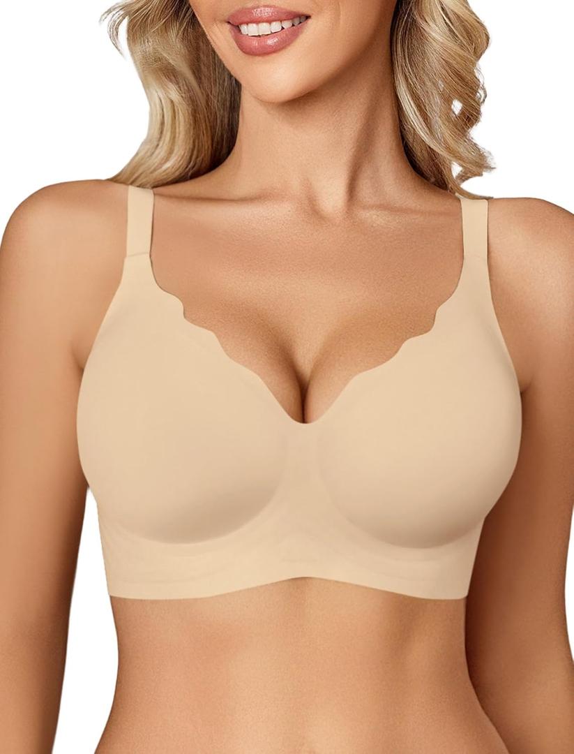 Avidlove Jelly Bras for Women No Underwire Seamless Bralettes Wireless Push Up Scalloped Full Coverage Sports Everyday Bra (X-Large, Nude)