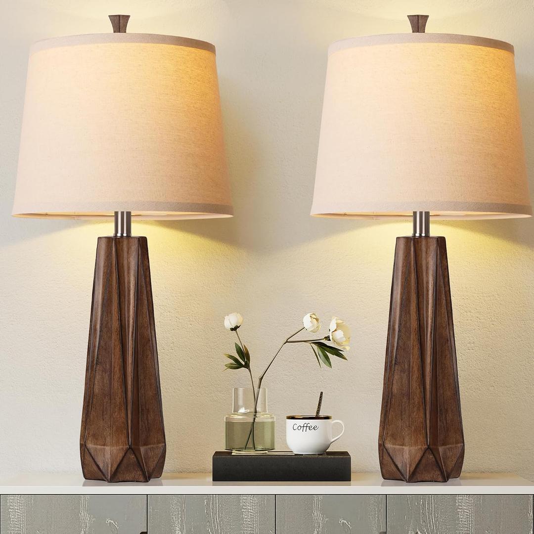 WIHTU 3 Color Temperature Table Lamps Set of 2, Beside Lamp with Linen Shade, 27'' Wood Grain Color Modern Table Lamp for Living Room, Resin Desk Lamp for Nightstands Bedroom Decor (2 Bulbs Included)