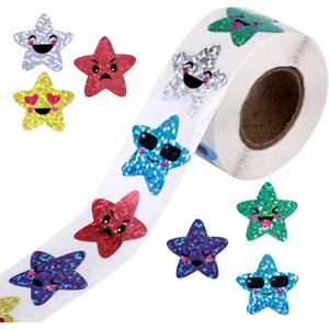 500pcs Glitter Smiling Star Stickers, 1 Inch Sparkly Sticker Roll, Shiny Foil Incentive Stickers for Classroom Children Rewards, Homework, Students, Kids, School Teachers, Crafts Supplies