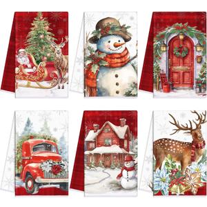 Honoson 6 Pack Christmas Kitchen Towels Snowman Xmas Trees Santa Dish Towels Hand Towel Ultra Absorbent Drying Winter Holiday Dishes for Home Kitchen Decoration Cleaning(Snowman)