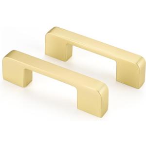 Haliwu 5 Pack Cabinet Handles Brushed Gold Cabinet Pulls 3 Inch Hole Center Drawer Pulls Modern Square Dresser Handles for Bathroom Kitchen Bedroom, Zinc Alloy