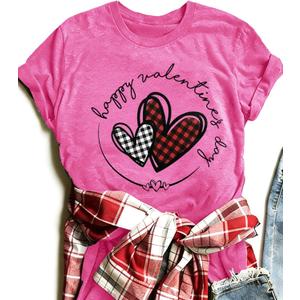 Love Heart Graphic Tees Cute Shirt Women Loose Fit Short Sleeve Top (Pink)