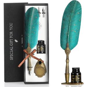 VANGOAL Vintage Green Feather Pen and Ink Set, Classic Series Goose Quill Pen with Carving Pen Stand, Calligraphy Pen Nibs, Black Dip Pen Ink, Antique Writing Gift for Writer