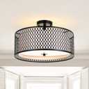 17" Semi Flush Mount Ceiling Light Fixture, Modern 3-Light E26 Double Drum Ceiling Lighting with Matte Black Iron Mesh Cage for Living Room Bedroom Hallway Entryway, Black