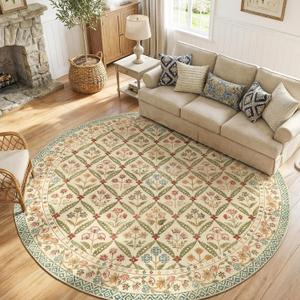 jinchan Round Rug 7ft Vintage Floral Washable Circle Area Rug, Teal Blue