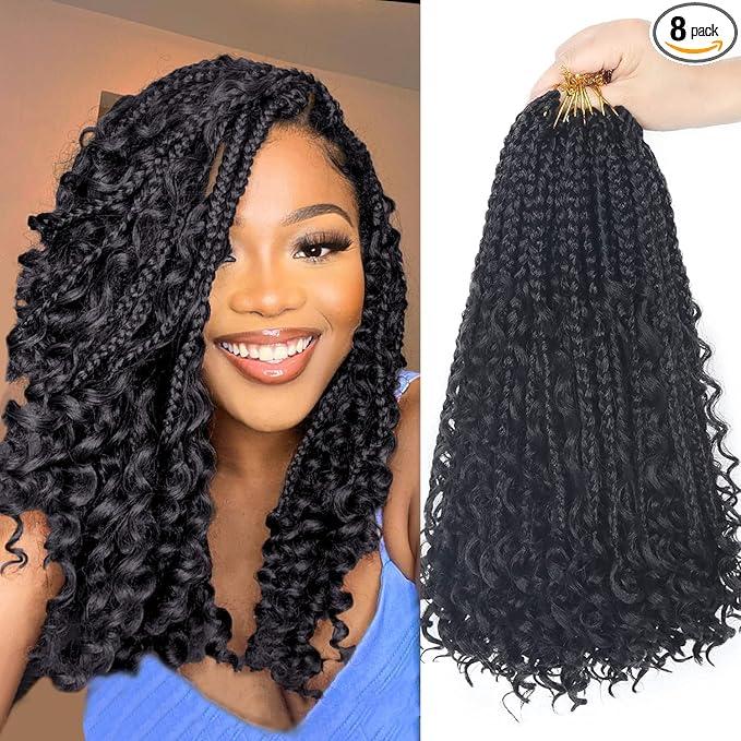 Goddess Bohemian Box Braids Crochet Hair  14 Inch Curly Ends, 8 Packs Synthetic Braiding Hair Extensions for Black Women (14 Inch, 1B)
