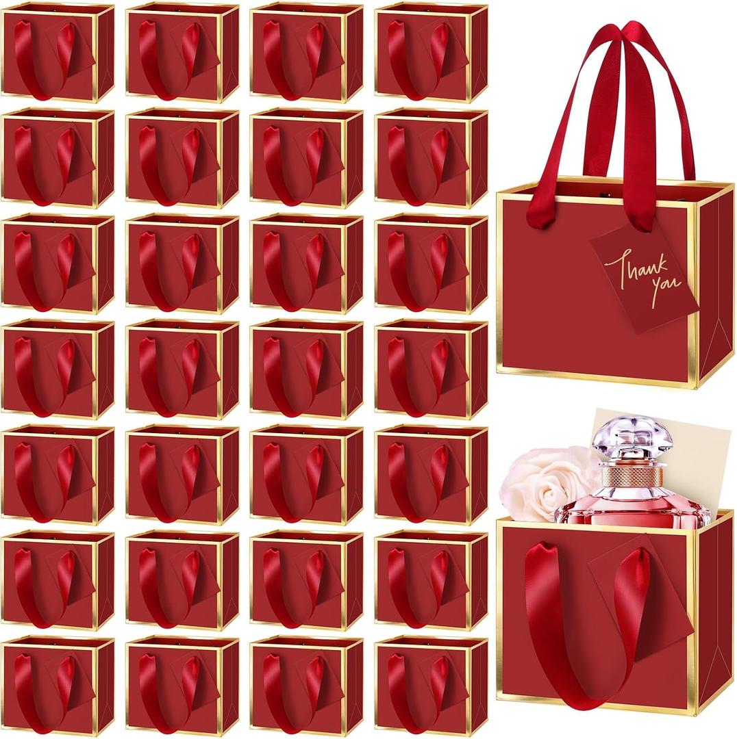 Yeaqee 50 Pcs Mini Metallic Paper Gift Bags with Handle 4x4.75x2.2'' Small Gift Bag DIY Tag Thank You Party Favor for Mother's Day Wedding Graduation Baby Shower Birthday Jewelry (Burgundy Red,Gold)