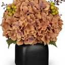 Briful Hydrangea Artificial Flowers in Black Square Ceramic Pot, Brown Silk Hydrangea Flowers Realistic Potted Fake Flowers with Berries for Home Decor Indoor Wedding Table Centerpieces