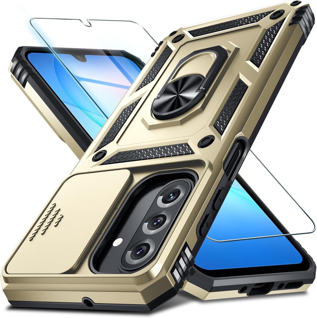 Janmitta Compatible with Samsung Galaxy A17 5G Case Built in Slide Camera Lens Cover+Screen Protector+Finger Ring Holder Kickstand,Heavy Duty Shockproof Full Body Phone Cover,Gold