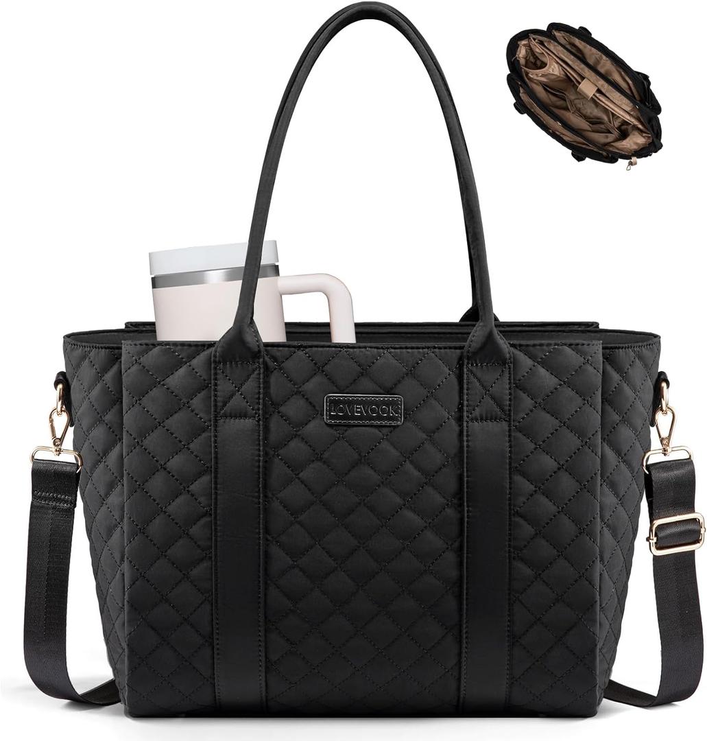 LOVEVOOK Teacher Tote Bag for Women, Quilted Work Tote Nurse Laptop Bag, Large Computer Shoulder Bags with Zipper for Travel