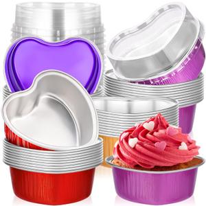 Heart Shaped Aluminum Pans, 40 Packs Aluminum Heart Cake Pans with Lids for Baking, 3.4 Ounces/ 100 ML Cupcake Cup Pan Baking for Valentine's Day Wedding Parties