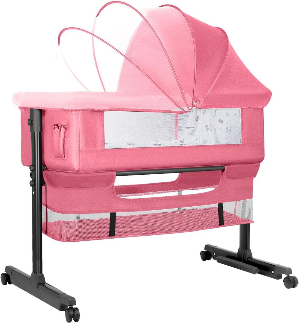 Baby Bassinet, Baby Basinet Bedside Sleeper, Easy to Fold Portable Crib Side Bassinet 2025new Style Girl/boy bassinets (Pink)