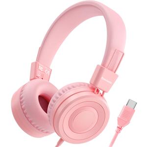 Upgrade USB Type C Kids Headphone for School, 94dB Safe Volume Limited, HD Stereo Sound, Foldable Lightweight On-Ear Headphones for Boys/Girls/Students/Tablet/Travel(Light Pink)