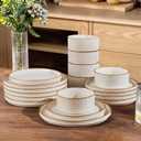 GBHOME 18-Piece Stoneware Dinnerware Set for 6 Ribbed Ceramic Plates and Bowls, Scratch-Resistant, Microwave & Dishwasher Safe, Reactive Glaze, White with Honey-Brown Edge