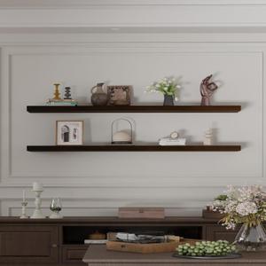 IEO Long Wooden Floating Shelves for Room Wall, Natural Wood Floating Shelves Wall Mounted Kitchen Shelf for Living Room, Bedroom, Kitchen,Bathroom, Storage (Walnut, 60in 2tier)