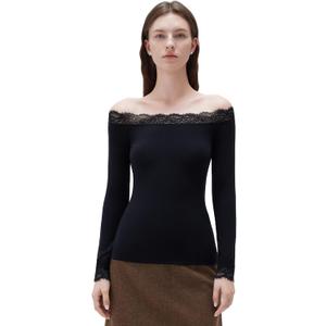 SUUKSESS Cloud Cashmere Women Lace Off Shoulder Long Sleeve Shirt Basic Knit Top (M, Black)