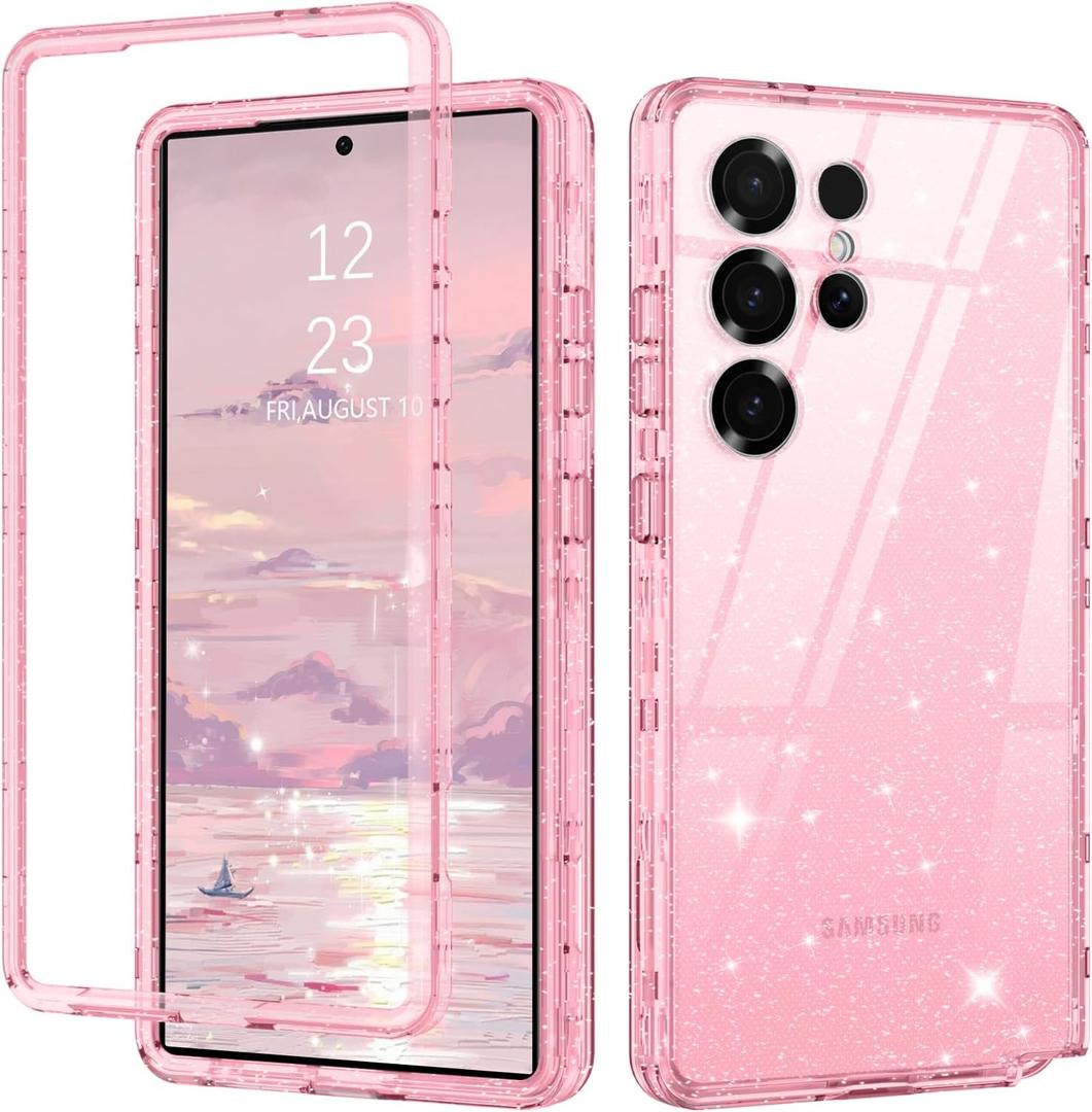 DUEDUE for Samsung Galaxy S25 Ultra Case, Glitter Sparkle Heavy Duty Cover Hybrid Hard PC Rugged Shockproof Transparent Protective Bling Phone Case for Samsung S25 Ultra, Pink/Glitter