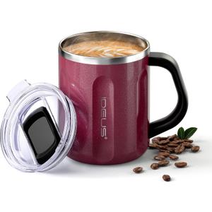Ideus 16 oz Coffee Cup, Stainless Steel Coffee Travel Mug, Spill Proof Tea Mug with Handle and Lid, Lightweight and Durable, Great for Office Home and Outdoor Use, Red