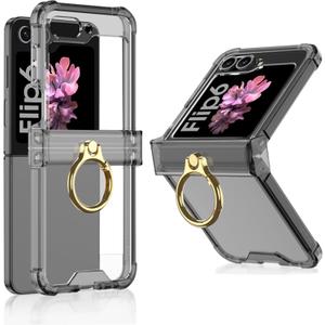 Case for Samsung Galaxy Z Flip 6 Clear Case with Hinge Protection and Ring Stand, Slim Crystal Transparent Scratchproof Protective Cover for Samsung Galaxy Z Flip 6 (Black)