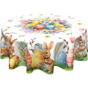 Vrysenium Easter Tablecloth Round 60 Inch Watercolor Bunny Eggs Floral Butterfly Table Cloth Circle Rabbits Flower Table Cover Tabletop for Home Decor Dining Room Kitchen Party Picnic