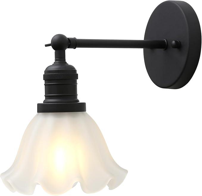Phansthy Vintage Wall Sconces with Frosted Glass Lampshade 180 Degree Adjustable Brass Sconces Modern Glass Wall Lighting Fixture for Bedside Bedroom Doorway Bathroom (Black)
